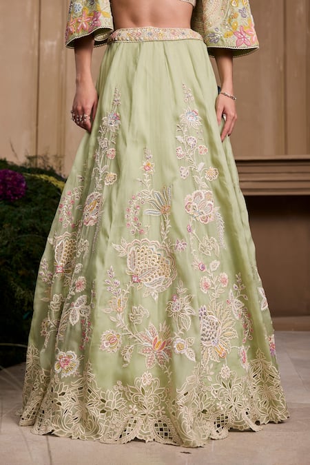 Chandrima Green Silk Organza, Cotton Embroidery Floral Mint Lehenga Online at Aza Fashions Chandrima_Green Silk Organza, Cotton Embroidery Floral Mint Lehenga _Online_at_Aza_Fashions