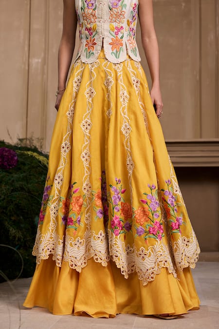 Chandrima Yellow Chanderi Embroidery, Cut Work Floral Layered Lehenga Online at Aza Fashions Chandrima_Yellow Chanderi Embroidery, Cut Work Floral Layered Lehenga _Online_at_Aza_Fashions