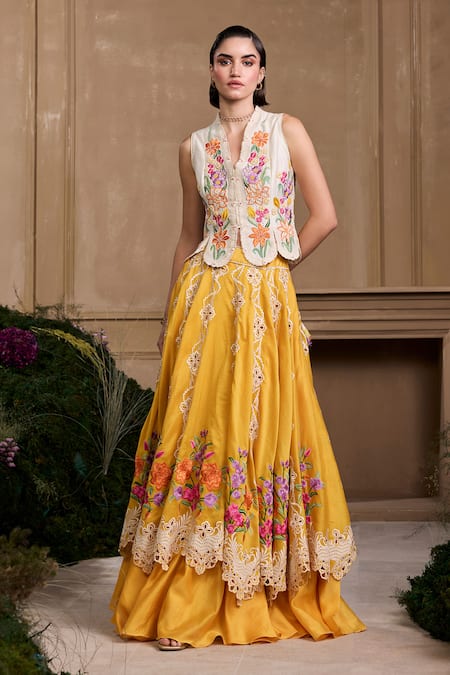 Buy Chandrima Yellow Chanderi Embroidery, Cut Work Floral Layered Lehenga Online at Aza Fashions Buy_Chandrima_Yellow Chanderi Embroidery, Cut Work Floral Layered Lehenga _Online_at_Aza_Fashions