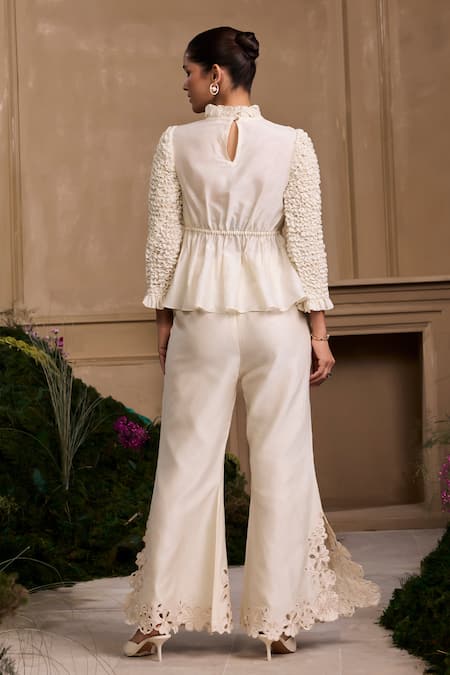 Shop Chandrima Ivory Chanderi, Linen Cut Work Floral Bell Bottom Pant at Aza Fashions Shop_Chandrima_Ivory Chanderi, Linen Cut Work Floral Bell Bottom Pant _at_Aza_Fashions