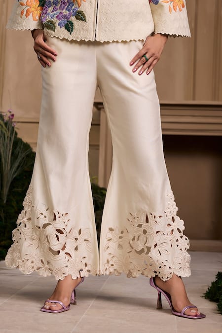 Chandrima Ivory Chanderi, Linen Cut Work Floral Bell Bottom Pant Online at Aza Fashions Chandrima_Ivory Chanderi, Linen Cut Work Floral Bell Bottom Pant _Online_at_Aza_Fashions