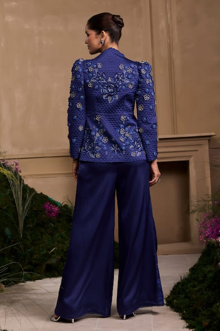 Shop Chandrima Blue Silk Satin Embroidery, Applique Cobalt Floral Pant at Aza Fashions Shop_Chandrima_Blue Silk Satin Embroidery, Applique Cobalt Floral Pant _at_Aza_Fashions