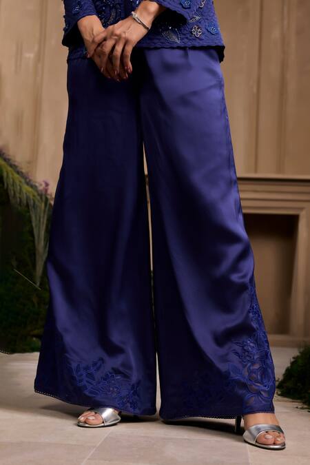 Chandrima Blue Silk Satin Embroidery, Applique Cobalt Floral Pant Online at Aza Fashions Chandrima_Blue Silk Satin Embroidery, Applique Cobalt Floral Pant _Online_at_Aza_Fashions