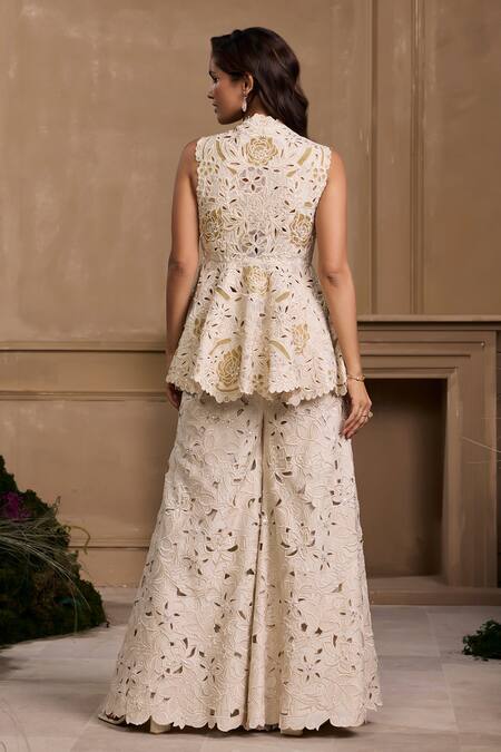 Shop_Chandrima_Ivory Chanderi, Linen Embroidery Floral Sharara _at_Aza_Fashions