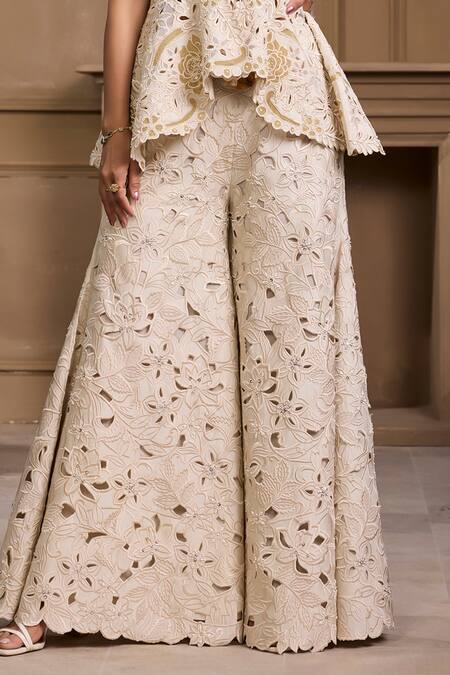 Chandrima_Ivory Chanderi, Linen Embroidery Floral Sharara _Online_at_Aza_Fashions