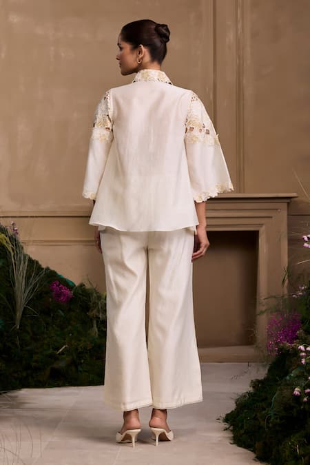 Shop Chandrima Ivory Chanderi, Linen Pearls, Lace, Applique Floral Pant at Aza Fashions Shop_Chandrima_Ivory Chanderi, Linen Pearls, Lace, Applique Floral Pant _at_Aza_Fashions
