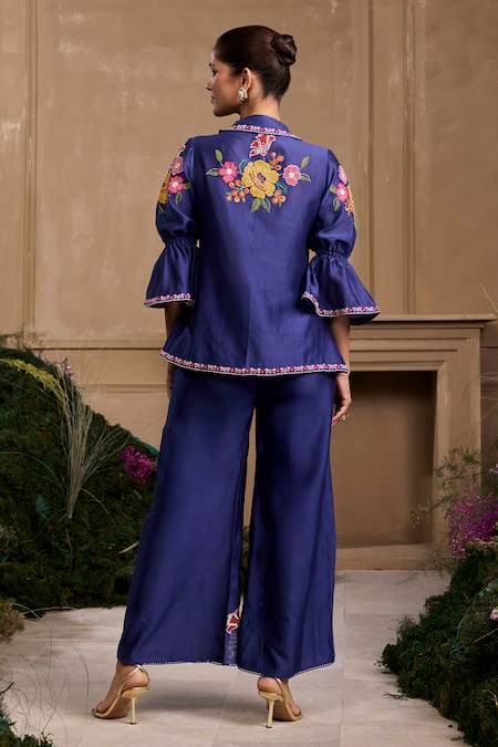 Shop Chandrima Blue Chanderi Embroidery Cobalt Floral Pant at Aza Fashions Shop_Chandrima_Blue Chanderi Embroidery Cobalt Floral Pant _at_Aza_Fashions