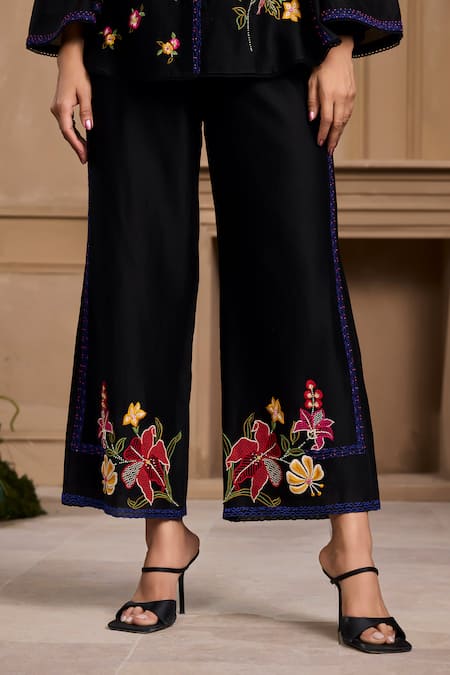 Chandrima Black Chanderi, Linen Beads, Embroidery Floral Pant Online at Aza Fashions Chandrima_Black Chanderi, Linen Beads, Embroidery Floral Pant _Online_at_Aza_Fashions