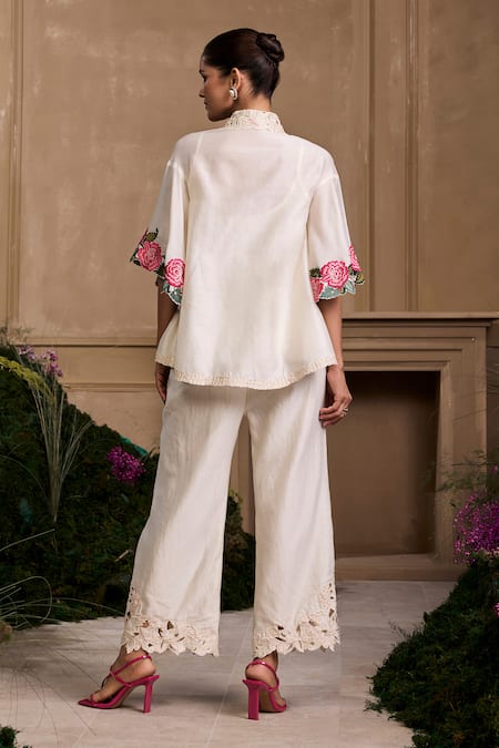 Shop_Chandrima_Ivory Chanderi, Cotton Beads, Embroidery Rose Pant _at_Aza_Fashions