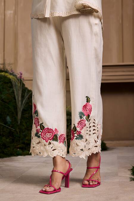 Chandrima_Ivory Chanderi, Cotton Beads, Embroidery Rose Pant _Online_at_Aza_Fashions
