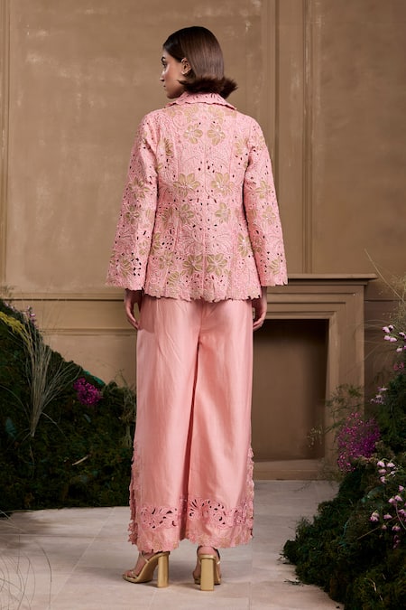 Shop Chandrima Pink Chanderi, Cotton Embroidery, Cut Work Floral Pant at Aza Fashions Shop_Chandrima_Pink Chanderi, Cotton Embroidery, Cut Work Floral Pant _at_Aza_Fashions