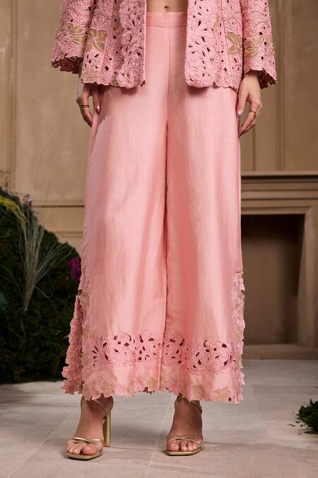 Chandrima Pink Chanderi, Cotton Embroidery, Cut Work Floral Pant Online at Aza Fashions Chandrima_Pink Chanderi, Cotton Embroidery, Cut Work Floral Pant _Online_at_Aza_Fashions