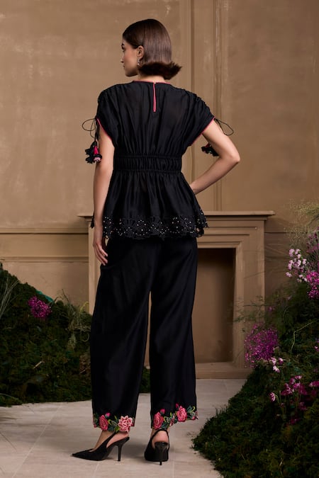 Shop Chandrima Black Chanderi, Cotton Embroidery Rose Slit Pant at Aza Fashions Shop_Chandrima_Black Chanderi, Cotton Embroidery Rose Slit Pant _at_Aza_Fashions