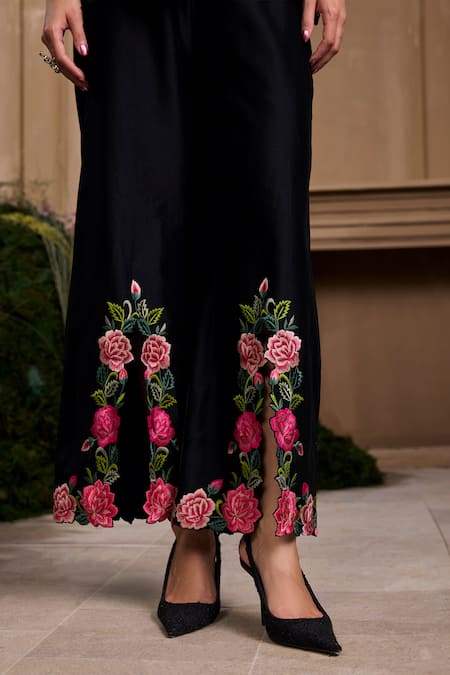 Chandrima Black Chanderi, Cotton Embroidery Rose Slit Pant Online at Aza Fashions Chandrima_Black Chanderi, Cotton Embroidery Rose Slit Pant _Online_at_Aza_Fashions