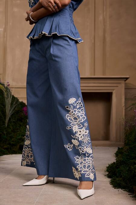 Chandrima Blue , Satin Cut Work, Embroidery Floral Cutwork Flared Pant Online at Aza Fashions Chandrima_Blue , Satin Cut Work, Embroidery Floral Cutwork Flared Pant _Online_at_Aza_Fashions