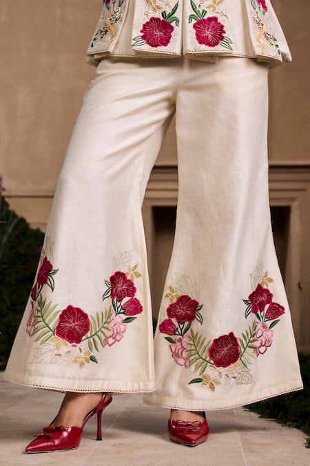 Chandrima Ivory Chanderi, Cotton Embroidery Floral Bell Bottom Pant Online at Aza Fashions Chandrima_Ivory Chanderi, Cotton Embroidery Floral Bell Bottom Pant _Online_at_Aza_Fashions