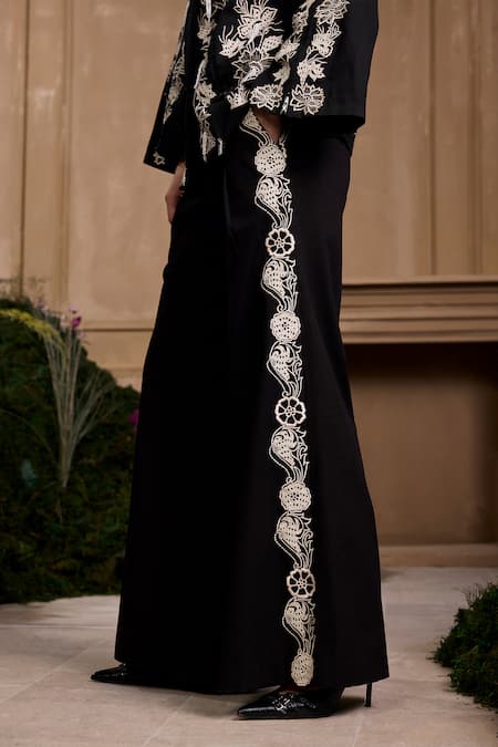 Chandrima Black Cotton Embroidery, Applique Floral Flared Pant Online at Aza Fashions Chandrima_Black Cotton Embroidery, Applique Floral Flared Pant _Online_at_Aza_Fashions