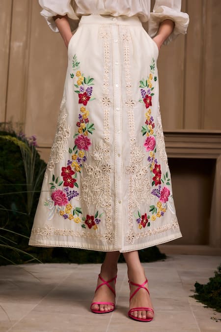 Chandrima Ivory Chanderi, Cotton Embroidery Floral A-line Skirt Online at Aza Fashions Chandrima_Ivory Chanderi, Cotton Embroidery Floral A-line Skirt _Online_at_Aza_Fashions