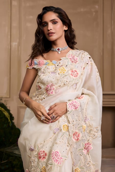 Shop Chandrima Ivory Silk Organza Sequins, Beads, Pearls Floral Cutwork Embroidered Saree at Aza Fashions Shop_Chandrima_Ivory Silk Organza Sequins, Beads, Pearls Floral Cutwork Embroidered Saree _at_Aza_Fashions