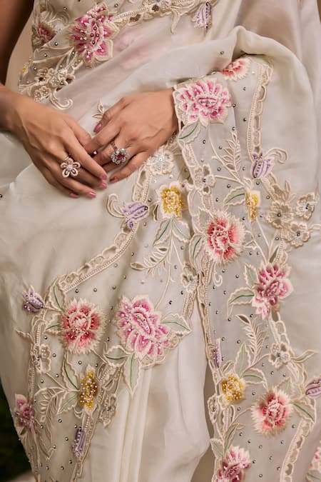 Chandrima Ivory Silk Organza Sequins, Beads, Pearls Floral Cutwork Embroidered Saree Online at Aza Fashions Chandrima_Ivory Silk Organza Sequins, Beads, Pearls Floral Cutwork Embroidered Saree _Online_at_Aza_Fashions