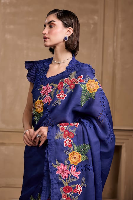 Shop Chandrima Blue Silk Organza Sequins, Beads Floral Embroidered Ruffle Border Saree at Aza Fashions Shop_Chandrima_Blue Silk Organza Sequins, Beads Floral Embroidered Ruffle Border Saree _at_Aza_Fashions