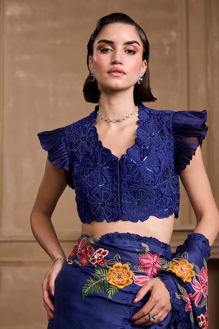 Chandrima Blue Silk Organza Sequins, Beads Floral Embroidered Ruffle Border Saree Online at Aza Fashions Chandrima_Blue Silk Organza Sequins, Beads Floral Embroidered Ruffle Border Saree _Online_at_Aza_Fashions