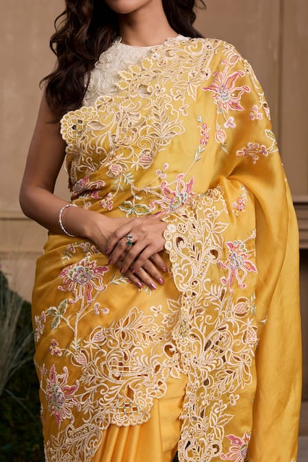 Chandrima Yellow Silk Organza Beads, Sequins Floral Cutwork Embroidered Saree Online at Aza Fashions Chandrima_Yellow Silk Organza Beads, Sequins Floral Cutwork Embroidered Saree _Online_at_Aza_Fashions