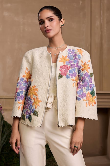 Chandrima Ivory Chanderi Tassels Off-shoulder Cutwork Embroidered Smocked Bustier Online at Aza Fashions Chandrima_Ivory Chanderi Tassels Off-shoulder Cutwork Embroidered Smocked Bustier _Online_at_Aza_Fashions