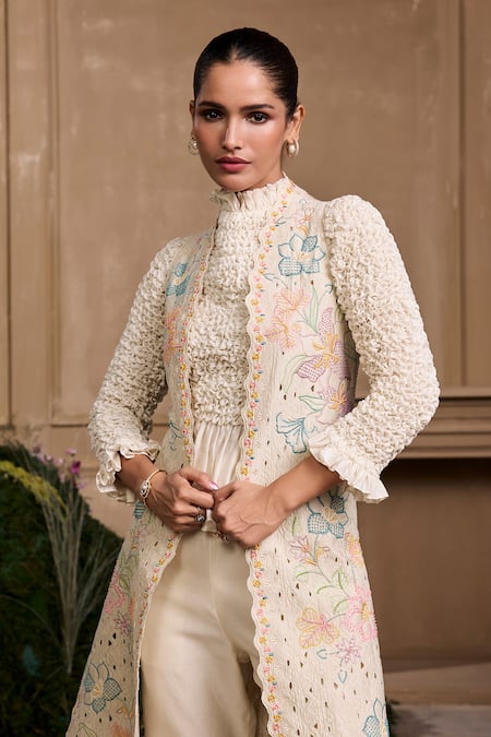 Chandrima_Ivory Chanderi High Neck Smocked Peplum Top _Online_at_Aza_Fashions