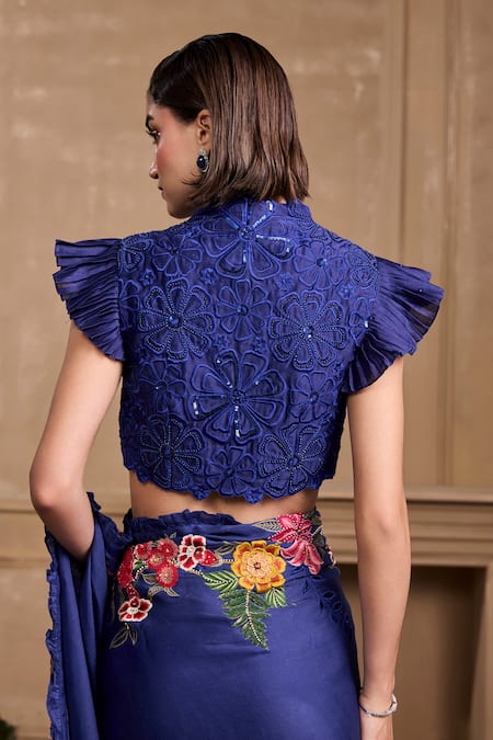 Shop Chandrima Blue Chanderi Beads, Sequins V-neck Floral Cutwork Embroidered Top at Aza Fashions Shop_Chandrima_Blue Chanderi Beads, Sequins V-neck Floral Cutwork Embroidered Top _at_Aza_Fashions
