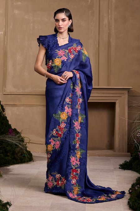 Chandrima Blue Chanderi Beads, Sequins V-neck Floral Cutwork Embroidered Top Online at Aza Fashions Chandrima_Blue Chanderi Beads, Sequins V-neck Floral Cutwork Embroidered Top _Online_at_Aza_Fashions