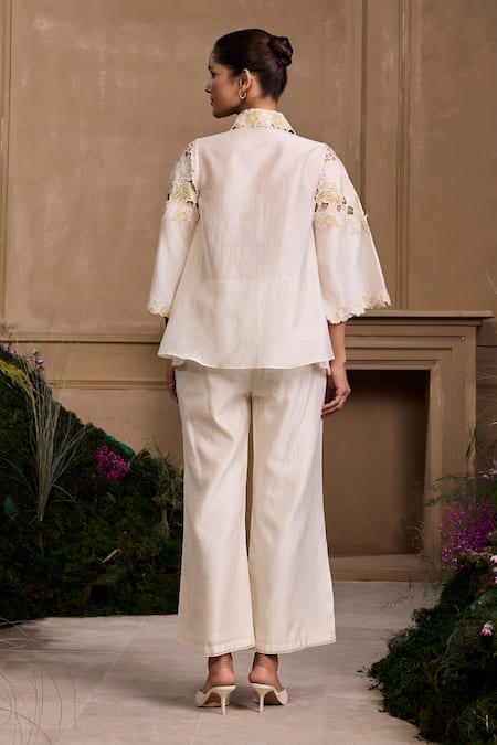 Shop Chandrima Ivory Chanderi Embroidery Collared Floral Cutwork Layered Shirt at Aza Fashions Shop_Chandrima_Ivory Chanderi Embroidery Collared Floral Cutwork Layered Shirt _at_Aza_Fashions