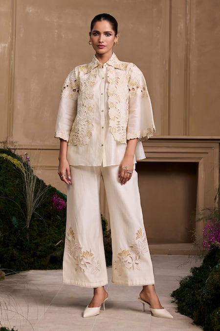 Chandrima Ivory Chanderi Embroidery Collared Floral Cutwork Layered Shirt Online at Aza Fashions Chandrima_Ivory Chanderi Embroidery Collared Floral Cutwork Layered Shirt _Online_at_Aza_Fashions