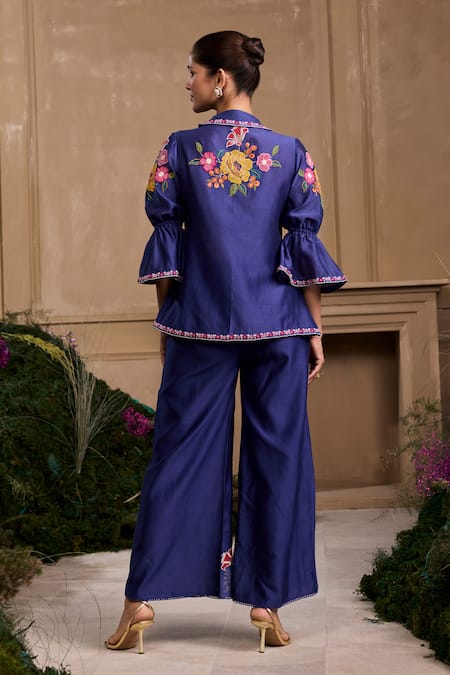Shop Chandrima Blue Chanderi Embroidery Collared Cobalt Floral Tie Up Shirt at Aza Fashions Shop_Chandrima_Blue Chanderi Embroidery Collared Cobalt Floral Tie Up Shirt _at_Aza_Fashions