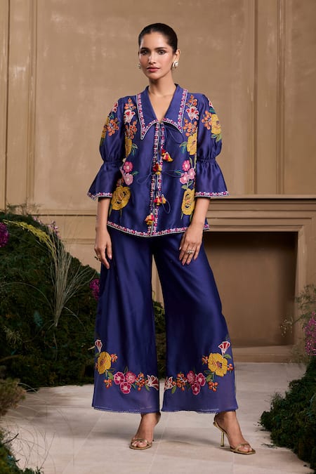 Chandrima Blue Chanderi Embroidery Collared Cobalt Floral Tie Up Shirt Online at Aza Fashions Chandrima_Blue Chanderi Embroidery Collared Cobalt Floral Tie Up Shirt _Online_at_Aza_Fashions