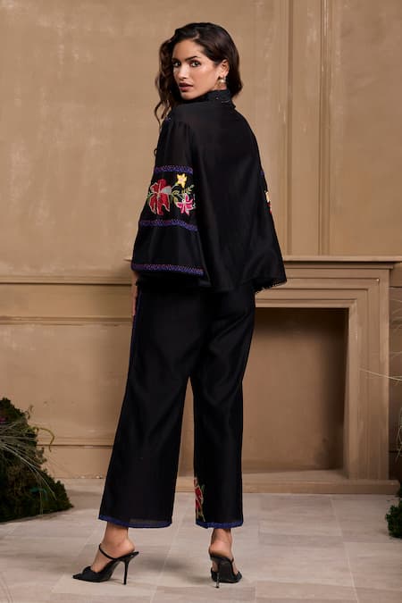 Shop Chandrima Black Chanderi Beads, Embroidery Collared Floral Cutwork Shirt at Aza Fashions Shop_Chandrima_Black Chanderi Beads, Embroidery Collared Floral Cutwork Shirt _at_Aza_Fashions