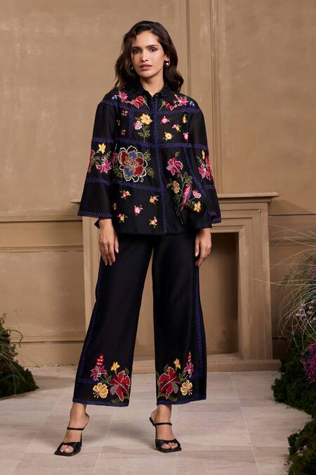 Chandrima Black Chanderi Beads, Embroidery Collared Floral Cutwork Shirt Online at Aza Fashions Chandrima_Black Chanderi Beads, Embroidery Collared Floral Cutwork Shirt _Online_at_Aza_Fashions