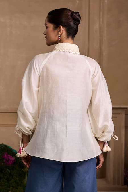 Shop Chandrima Ivory Chanderi Beads, Tassels Collared Floral Embroidered Gathered Shirt at Aza Fashions Shop_Chandrima_Ivory Chanderi Beads, Tassels Collared Floral Embroidered Gathered Shirt _at_Aza_Fashions