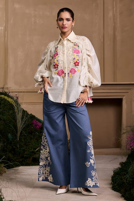 Chandrima Ivory Chanderi Beads, Tassels Collared Floral Embroidered Gathered Shirt Online at Aza Fashions Chandrima_Ivory Chanderi Beads, Tassels Collared Floral Embroidered Gathered Shirt _Online_at_Aza_Fashions