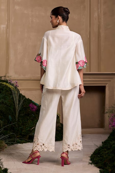 Shop Chandrima Ivory Chanderi Beads, Embroidery Collared Rose Shirt at Aza Fashions Shop_Chandrima_Ivory Chanderi Beads, Embroidery Collared Rose Shirt _at_Aza_Fashions