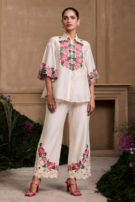 Chandrima Ivory Chanderi Beads, Embroidery Collared Rose Shirt Online at Aza Fashions Chandrima_Ivory Chanderi Beads, Embroidery Collared Rose Shirt _Online_at_Aza_Fashions