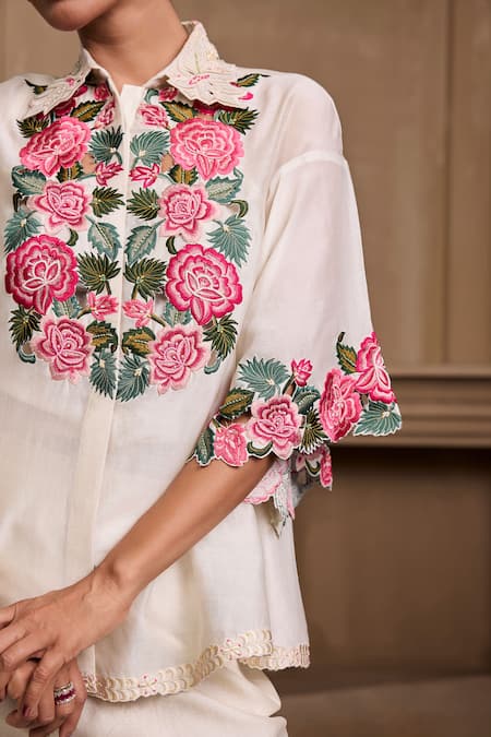 Buy Chandrima Ivory Chanderi Beads, Embroidery Collared Rose Shirt Online at Aza Fashions Buy_Chandrima_Ivory Chanderi Beads, Embroidery Collared Rose Shirt _Online_at_Aza_Fashions