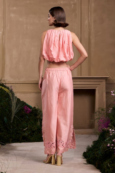 Shop_Chandrima_Pink Chanderi Embroidery Lace Closed Rose Sleeveless Top _at_Aza_Fashions