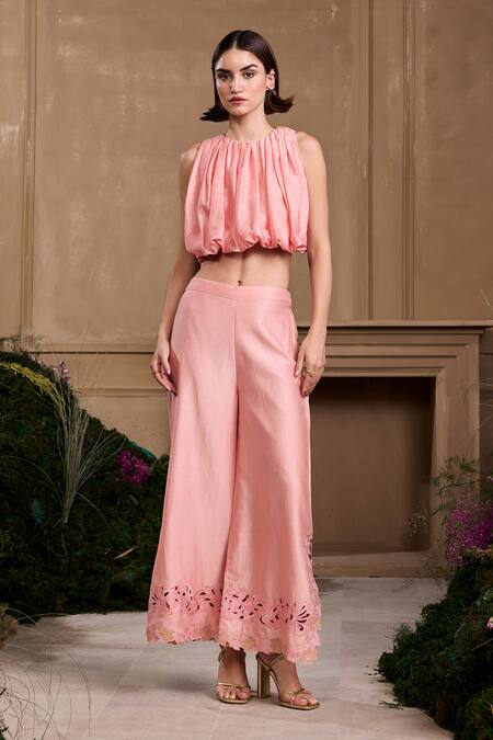 Chandrima_Pink Chanderi Embroidery Lace Closed Rose Sleeveless Top _Online_at_Aza_Fashions