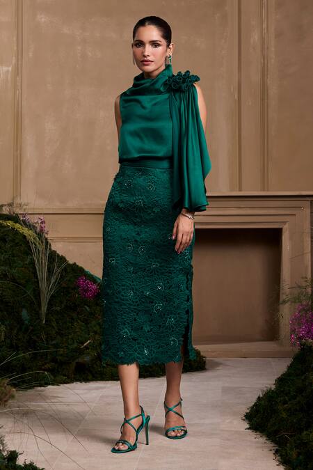Chandrima Green Silk Satin Embroidery Cowl Neck 3d Floral Draped Top Online at Aza Fashions Chandrima_Green Silk Satin Embroidery Cowl Neck 3d Floral Draped Top _Online_at_Aza_Fashions