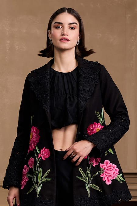 Shop_Chandrima_Black Chanderi, Cotton Lace Crew Neck Embroidered Crop Top _at_Aza_Fashions