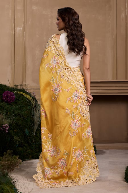 Shop_Chandrima_Ivory Chanderi Pearls, Applique Halter Neck Rose Bustier _at_Aza_Fashions