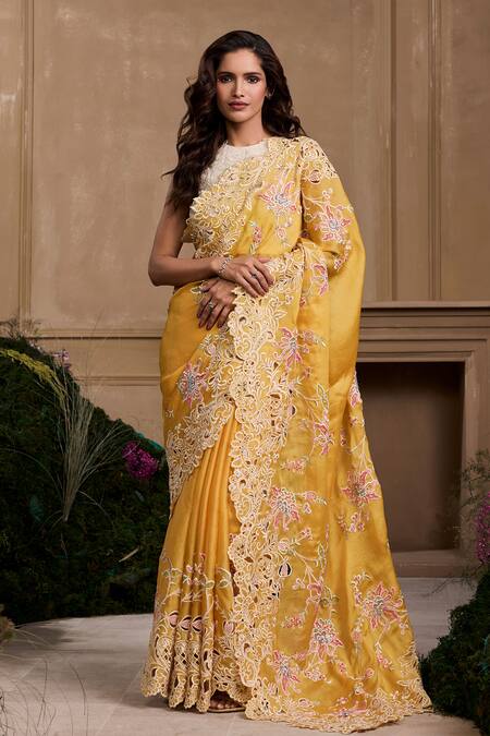 Chandrima_Ivory Chanderi Pearls, Applique Halter Neck Rose Bustier _Online_at_Aza_Fashions