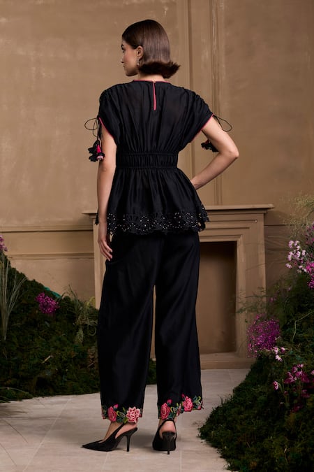 Shop Chandrima Black Chanderi Beads Round Neck Peplum Top With Embroidery at Aza Fashions Shop_Chandrima_Black Chanderi Beads Round Neck Peplum Top With Embroidery _at_Aza_Fashions