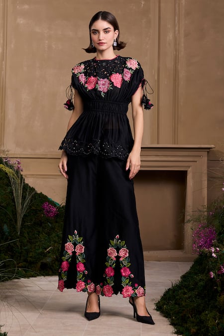 Chandrima Black Chanderi Beads Round Neck Peplum Top With Embroidery Online at Aza Fashions Chandrima_Black Chanderi Beads Round Neck Peplum Top With Embroidery _Online_at_Aza_Fashions